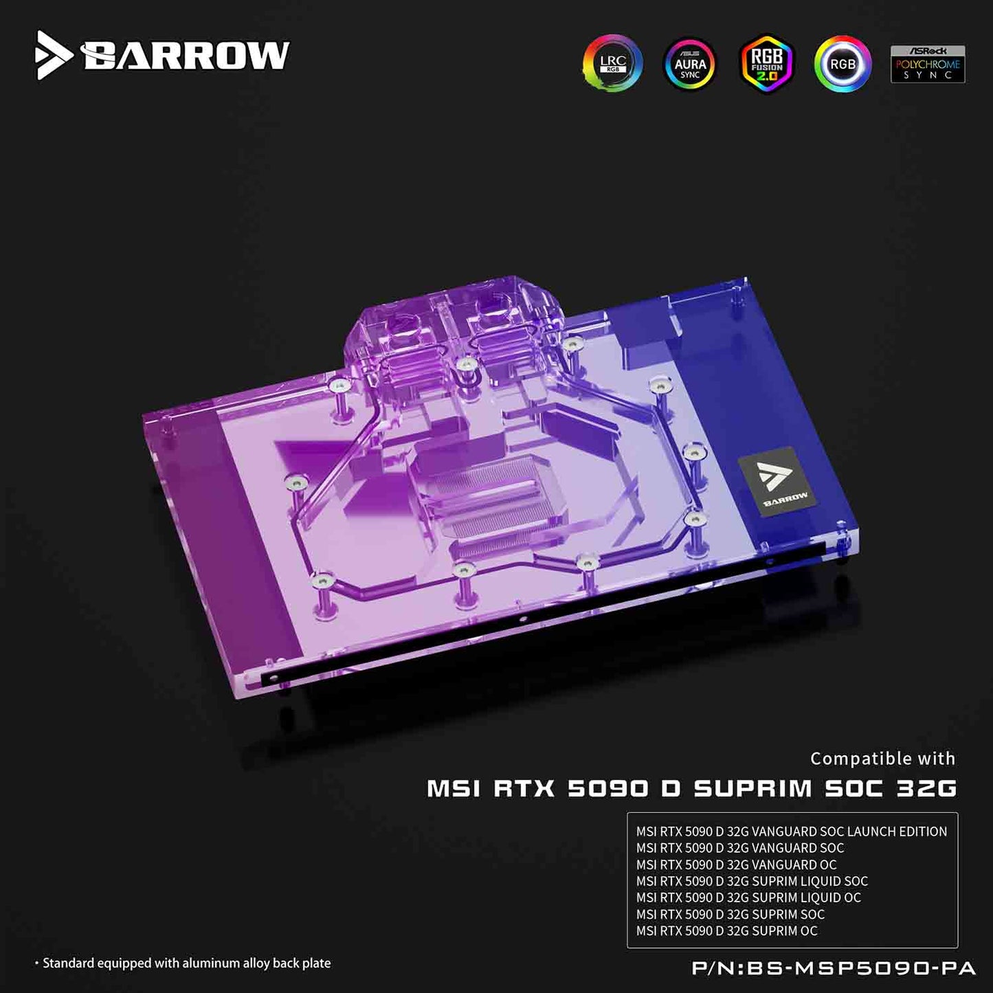 Barrow LRC2.0 full coverage GPU Water Block for MSI 5090 SUPRIM Aurora BS-MSP5090-PA