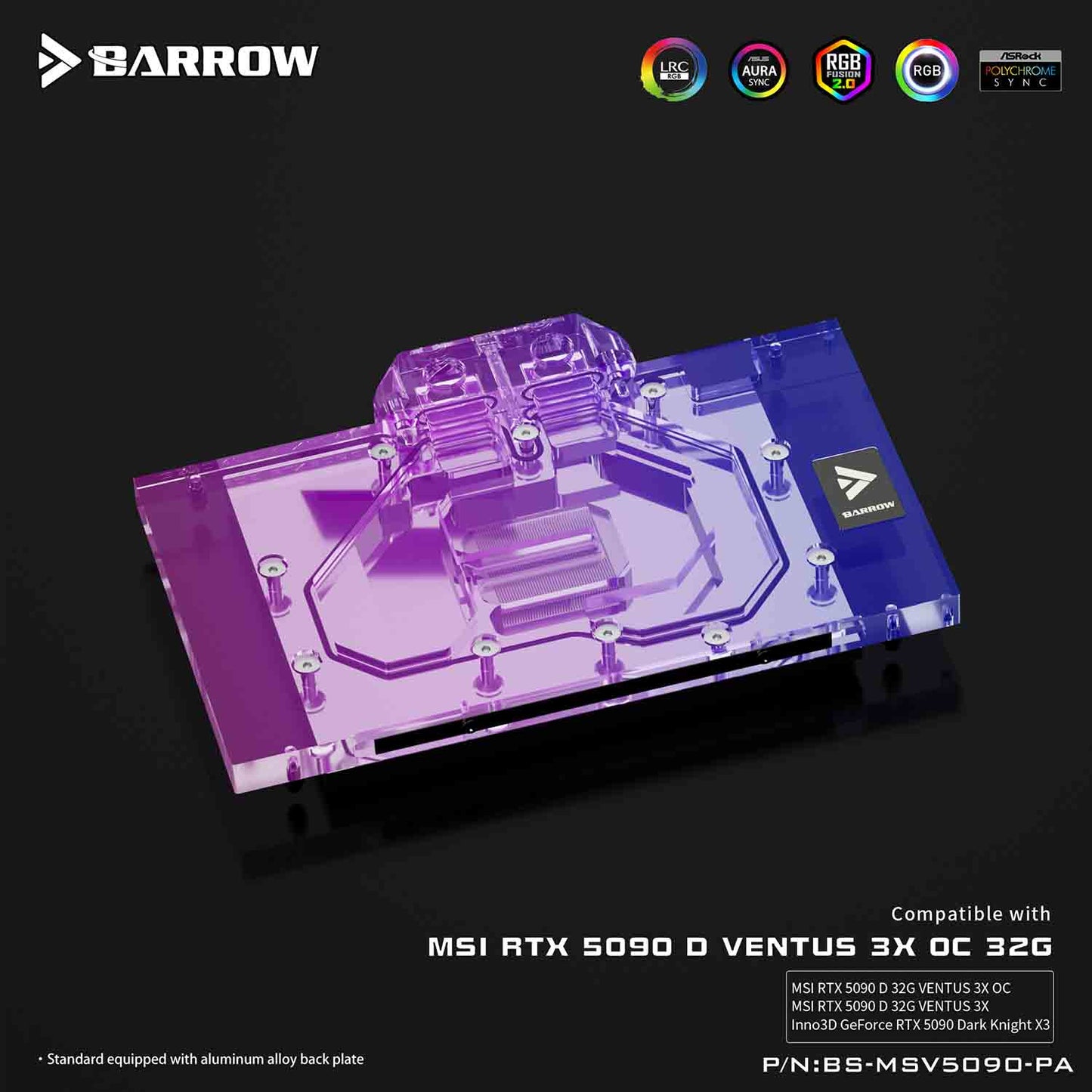 Barrow LRC2.0 full coverage GPU Water Block for MSI 5090 VENTUS Aurora BS-MSV5090-PA