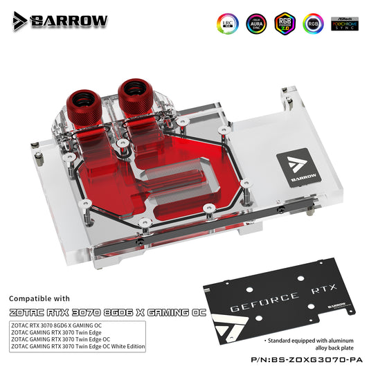 Barrow 3070 GPU Water Block For ZOTAC GAMING RTX 3070 X GAMING OC, Full Cover ARGB GPU Cooler, BS-ZOXG3070-PA