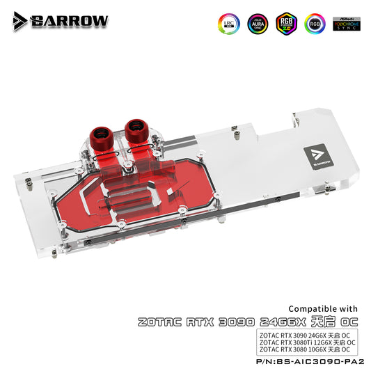 Barrow 3090 GPU Block Full Cover Graphics Card Water Cooling Blocks, For ZOTAC RTX 3090 TQ OC, BS-AIC3090-PA2