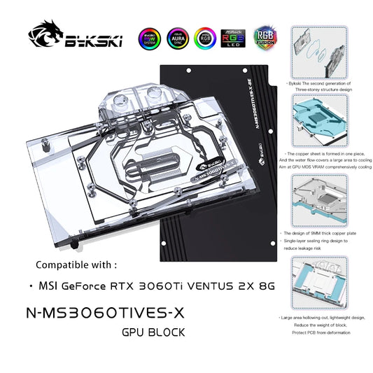 Bykski GPU Block For MSI RTX 3060Ti/3060 Ventus, Full Cover GPU Water Cooling Cooler with backplane N-MS3060TIVES-X