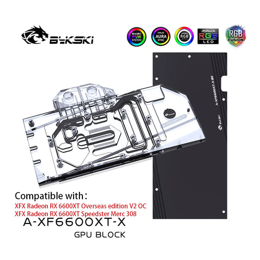 Bykski GPU Block For XFX Radeon RX 6600XT Speedster Merc 308 / V2 OC , Full Cover Liquid Cooler GPU Water Cooling, A-XF6600XT-X