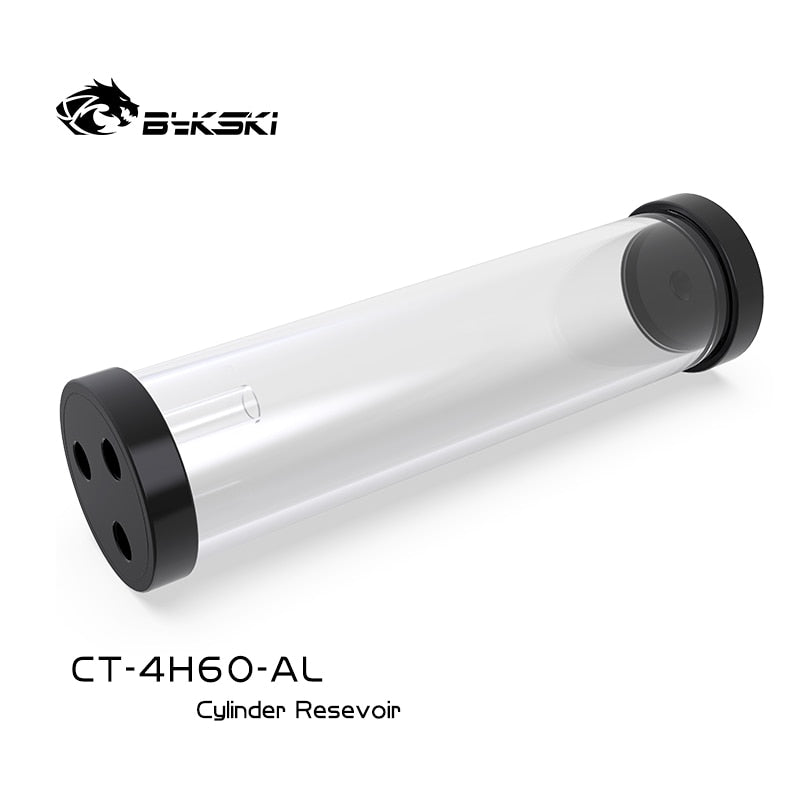 Bykski 60mm Cylinder Reservoirs, Black Aluminum Alloy Cover Acrylic Body, 60mm Diameter 80/130/180/240mm Length, CT-4H60-AL