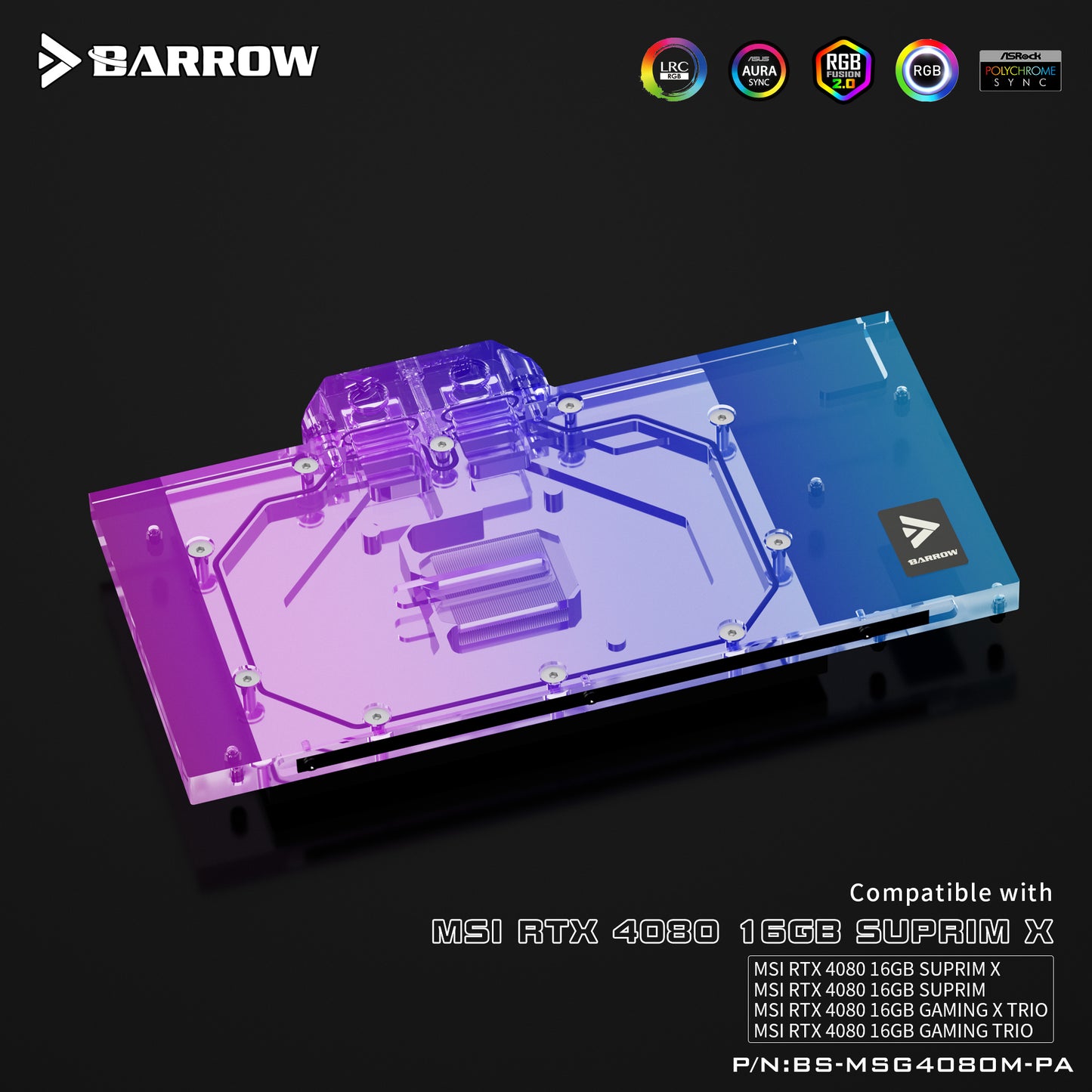 Barrow GPU Water Block For MSI RTX 4080 Suprim X/Suprim/Gaming X Trio/Gaming Trio, Full Cover With Backplate PC Water Cooling Cooler, BS-MSG4080M-PA