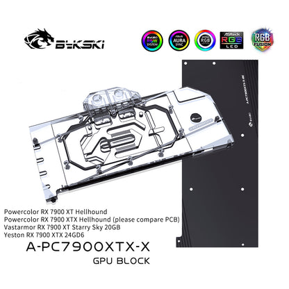 Bykski GPU Water Block For Powercolor RX 7900 XTX / XT Hellhound, Vastarmor 7900XT Starry Sky, Yeston 7900 XTX, Full Cover With Backplate PC Water Cooling Cooler, A-PC7900XTX-X