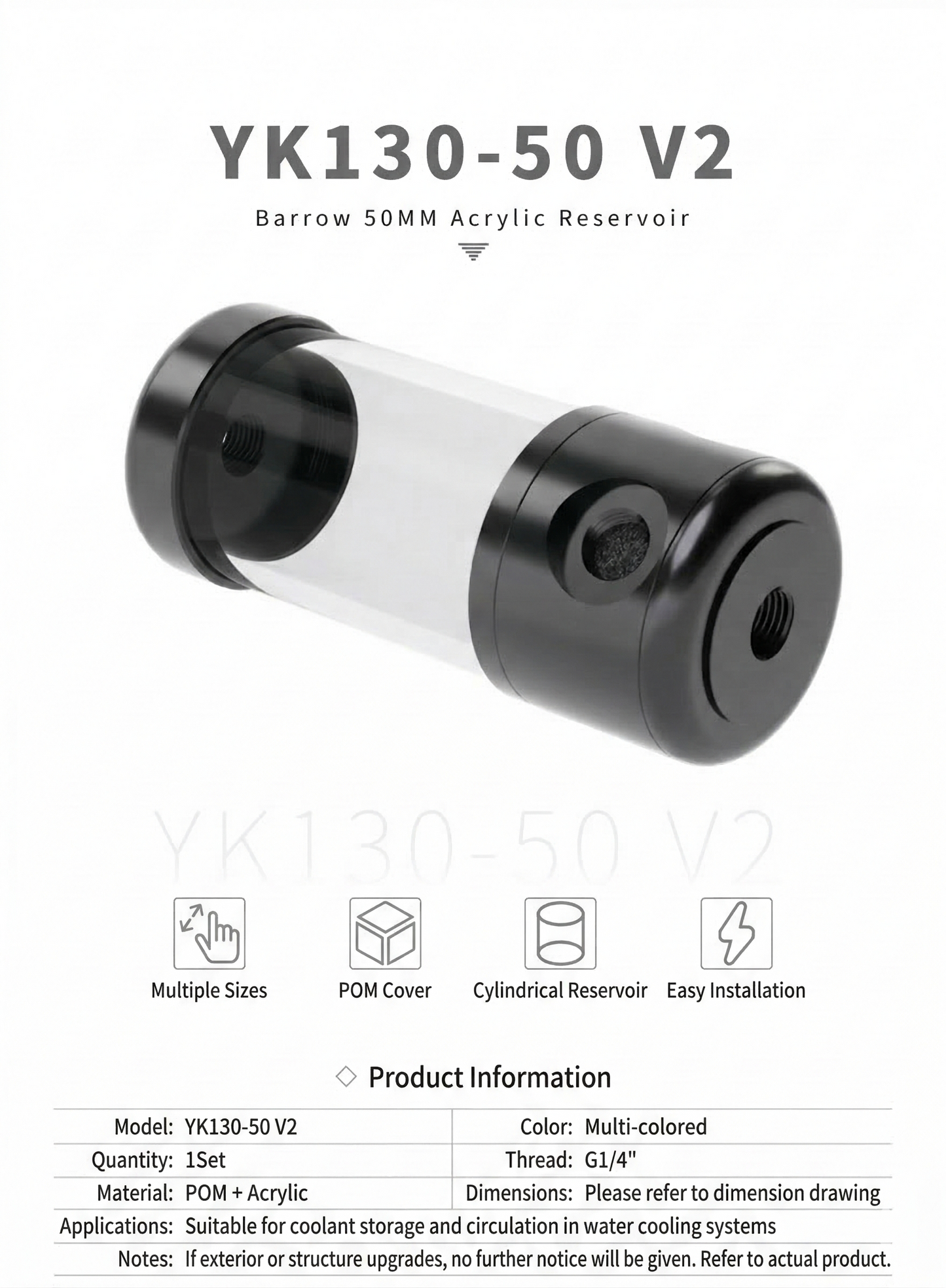 Barrow YK-50V2, 50mm Diameter Acrylic Cylindrical Tanks , Transparent Wall, 130/180/230/280mm | Water Cooling Accessory