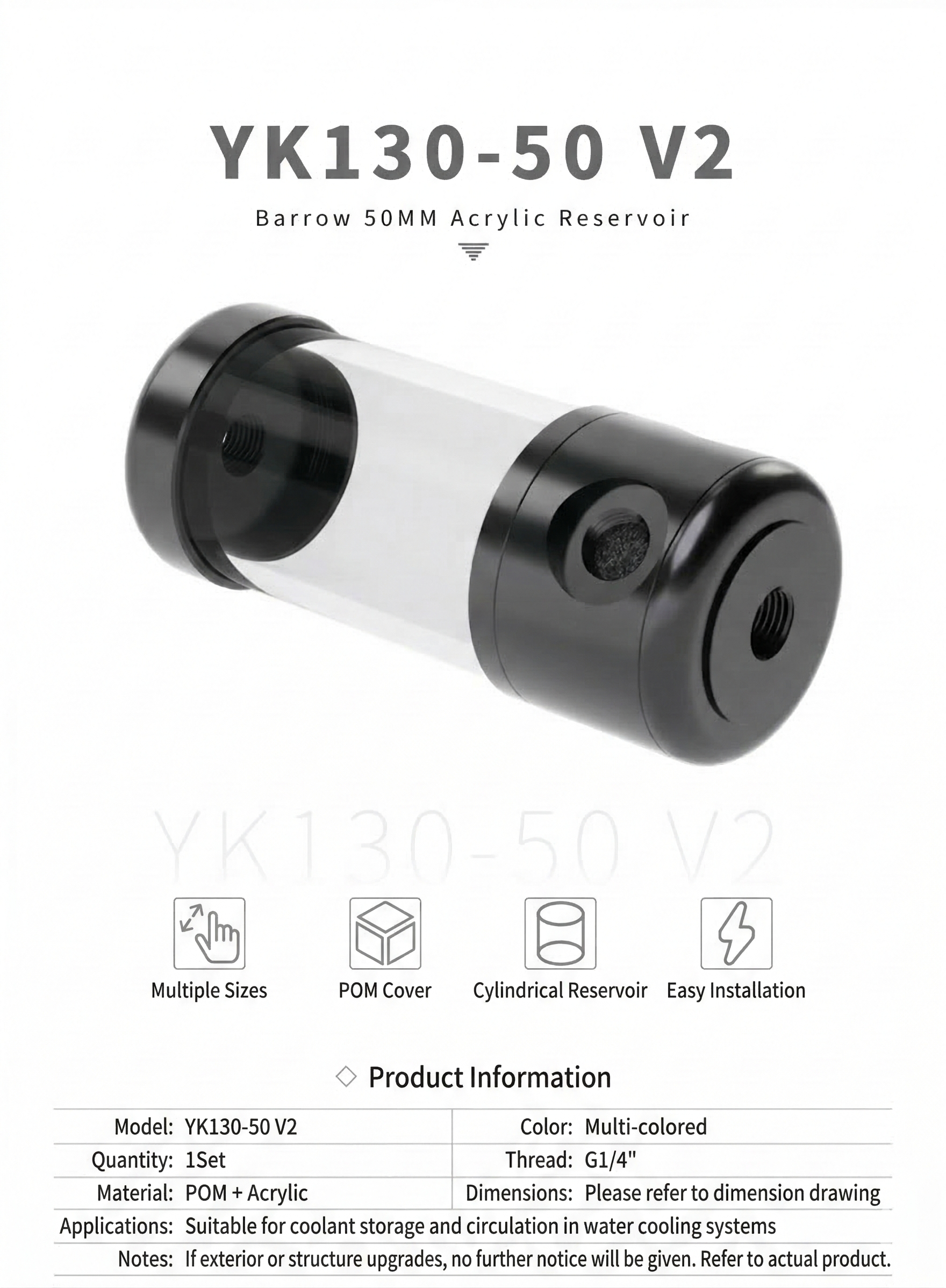 Barrow YK-50V2, 50mm Diameter Acrylic Cylindrical Tanks , Transparent Wall, 130/180/230/280mm | Water Cooling Accessory