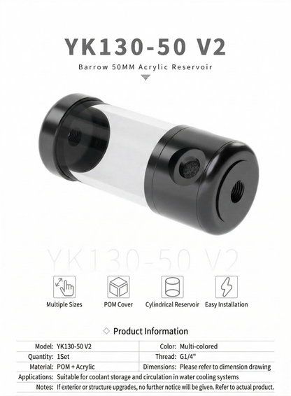 Barrow YK-50V2, 50mm Diameter Acrylic Cylindrical Tanks , Transparent Wall, 130/180/230/280mm | Water Cooling Accessory