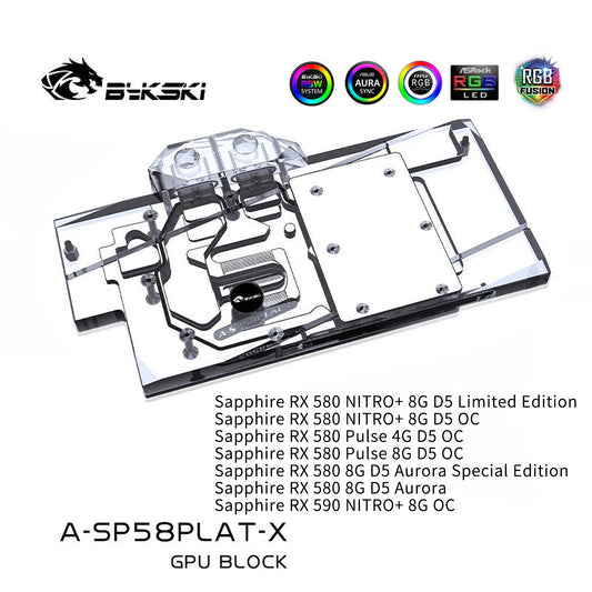 Bykski A-SP58PLAT-X, bloc de refroidissement par eau de carte graphique à couverture complète pour Sapphire Nitro + RX580 spécial/limité, Pulse RX580 4G/8GD5 