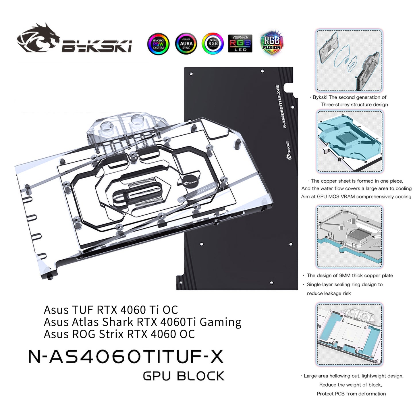 Bykski GPU Water Block For Asus RTX 4060 Ti TUF / Atlas Shark / ROG Strix , Full Cover With Backplate PC Water Cooling Cooler, N-AS4060TITUF-X