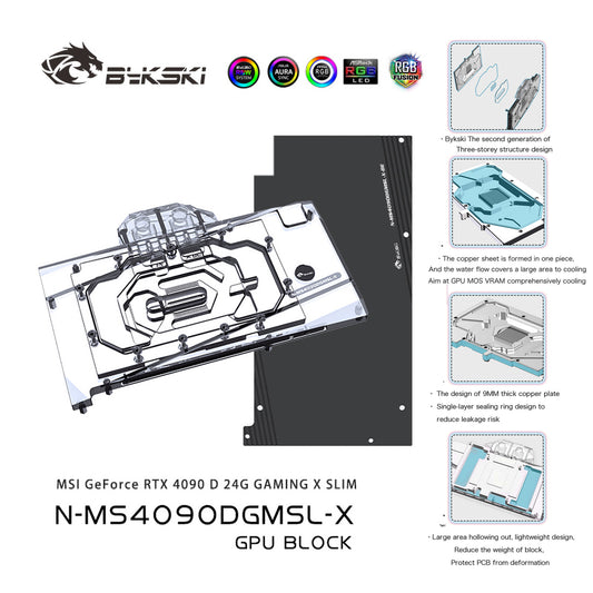 Bykski GPU Water Block For MSI RTX 4090 D 24G Gaming X Slim, Full Cover With Backplate PC Water Cooling Cooler, N-MS4090DGMSL-X
