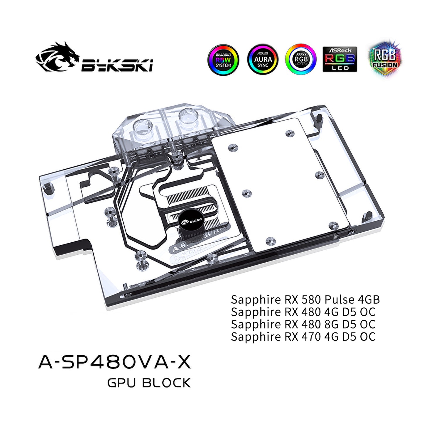 Bykski A-SP48OVA-X, bloc de refroidissement par eau de carte graphique à couverture complète RGB/RBW pour Sapphire RX480/470, Pulse RX580 
