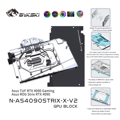 Bykski GPU Water Block For Asus ROG Strix / TUF RTX 4090 , Full Cover With Backplate PC Water Cooling Cooler, N-AS4090STRIX-X-V2