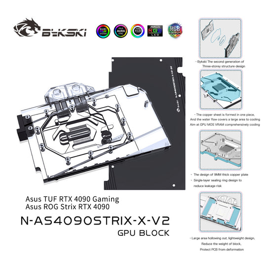 Bloc d'eau GPU Bykski pour Asus ROG Strix / TUF RTX 4090, couverture complète avec refroidisseur de refroidissement par eau pour PC de plaque arrière, N-AS4090STRIX-X 
