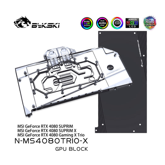 Bykski GPU Water Block pour MSI RTX 4080 Suprim/Suprim X/Gaming X Trio/Gaming Trio, couverture complète avec plaque arrière refroidisseur de refroidissement par eau PC, N-MS4080TRIO-X
