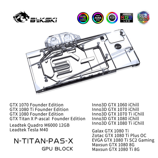 Bykski N-TITAN-PAS-X Bloc de refroidissement par eau de carte graphique à couverture complète pour NewFounder GTX Titan X-Pascal, GTX1080Ti/1080/1070, M6000 