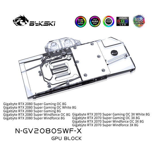 Bykski GPU Water Cooling Block For Gigabyte RTX2080 Super Windforce OC 8G / RTX2070 Super Gaming OC 8G, N-GV2080SWF-X
