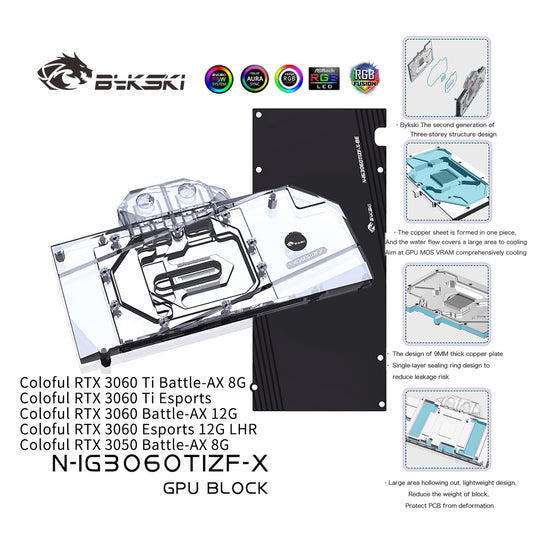 Bykski GPU Water Cooling Block For Colorful 3060Ti/3060/3050 Battle-AX, Graphics Card Liquid Cooler System, N-IG3060TIZF-X