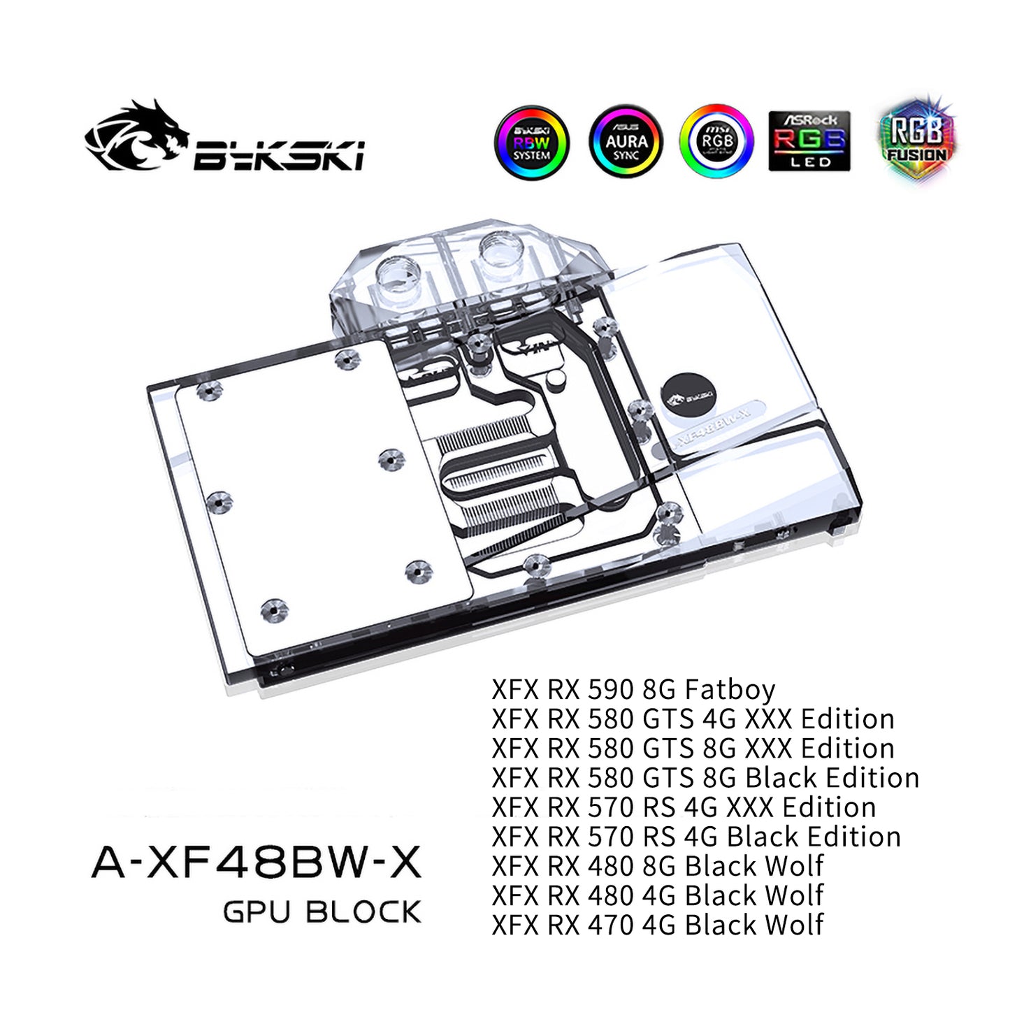 Bykski A-XF48BW-X, carte graphique à couverture complète bloc de refroidissement par eau RGB/RBW pour XFX R9 RX480 4/8G, R9 RX470 4G 