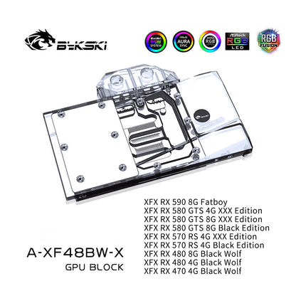 Bykski A-XF48BW-X, carte graphique à couverture complète bloc de refroidissement par eau RGB/RBW pour XFX R9 RX480 4/8G, R9 RX470 4G 