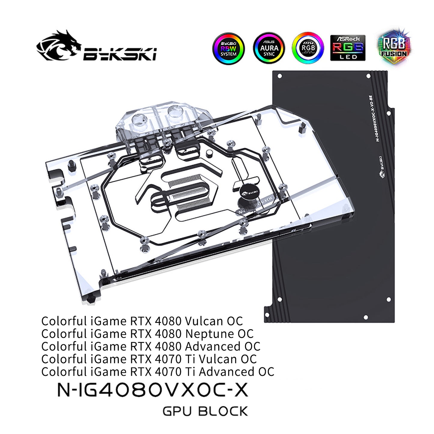 Bykski GPU Water Block For Colorful iGame RTX 4080 Vulcan / Neptune / Advanced / 4070 Ti Vulcan / Advanced, Full Cover With Backplate PC Water Cooling Cooler, N-IG4080VXOC-X