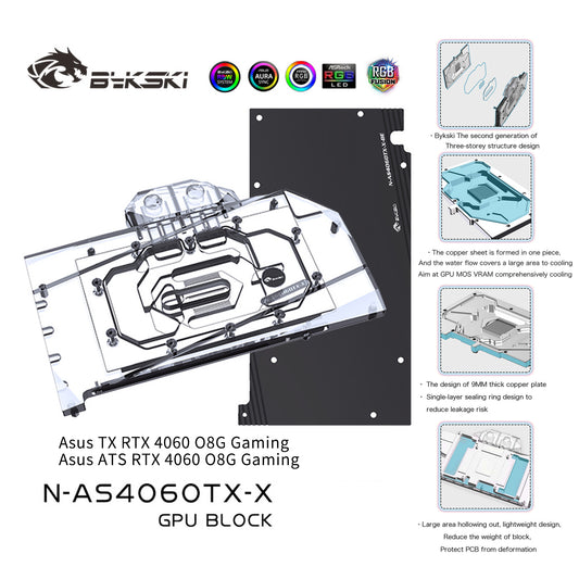 Bykski GPU Water Block For Asus TX RTX 4060 Gaming / ATS RTX 4060 Gaming, Full Cover With Backplate PC Water Cooling Cooler, N-AS4060TX-X