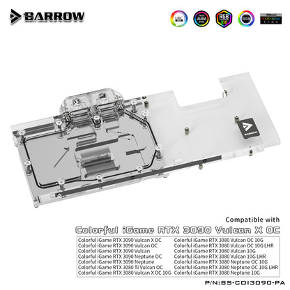 Barrow 3080 3090 GPU Water Block For Colorful iGame RTX 3080 3090 Vulan X OC, Full Cover ARGB GPU Cooler, BS-COI3090-PA