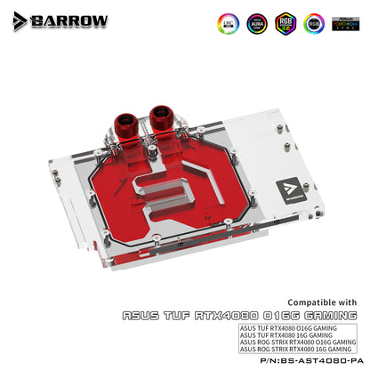 Barrow GPU Water Block For Asus Tuf / Rog Stirx RTX 4080 Gaming , Full Cover With Backplate PC Water Cooling Cooler, BS-AST4080-PA