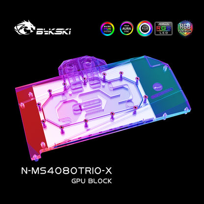 Bykski GPU Water Block pour MSI RTX 4080 Suprim/Suprim X/Gaming X Trio/Gaming Trio, couverture complète avec plaque arrière refroidisseur de refroidissement par eau PC, N-MS4080TRIO-X