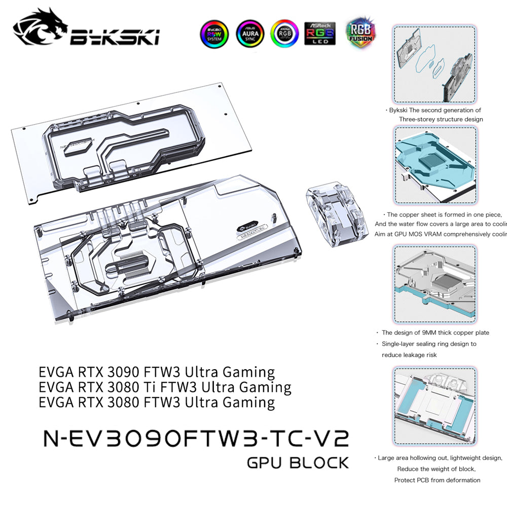 Bykski GPU Block With Active Waterway Backplane For EVGA RTX 3090 3080Ti 3080 FTW3 Ultra Gaming , Water Cooler N-EV3090FTW3-TC-V2