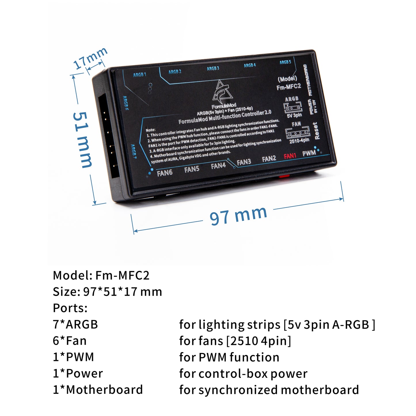 FormulaMod Multifunction Fan/Lighting Controller, For A-RGB(5v 3pin) Lighting & Fan(2510-4pin) Power/PWM, 2.0 Hub For Connecting And Syncing To Motherboard,  Fm-MFC2