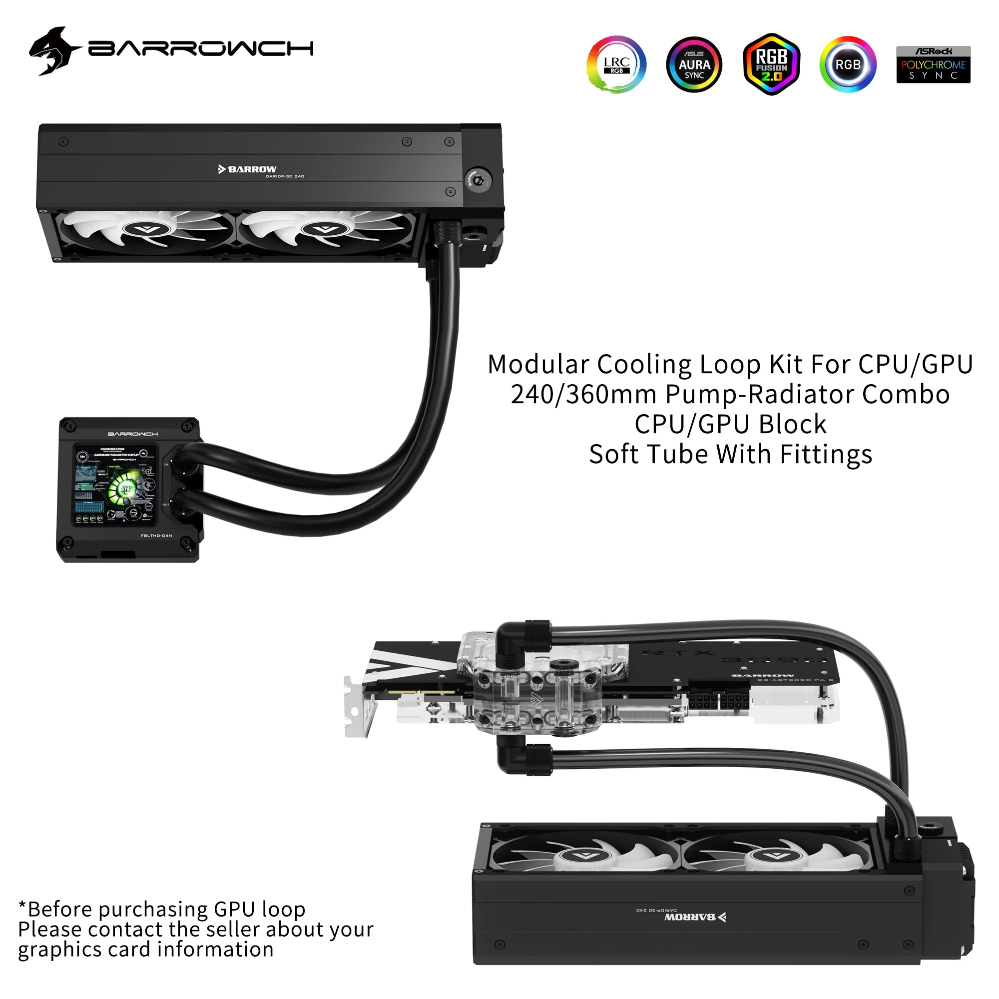 Barrowch Modular CPU/GPU Block Cooling Loop Kit , 240/360mm Pump-Radia ...