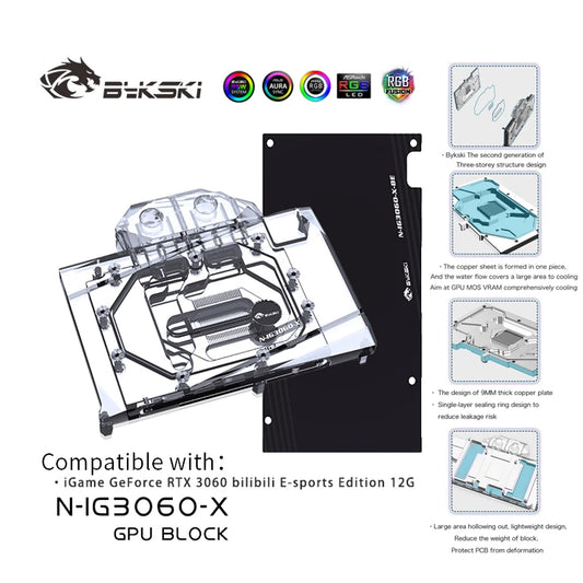 Bykski GPU Water Block, pour coloré RTX 3060 Bilibili E-Sports Edition carte graphique refroidissement par eau avec plaque arrière, N-IG3060-X 