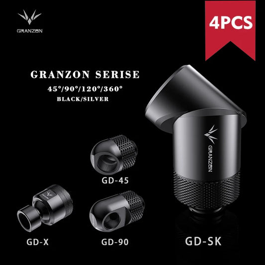 Granzon Fitting In 4 Pcs/Set , Multi-angle/Anti-off Hard Tube Adaptor, Brass Black/Silver G1/4" Rotary Connector, Revolvable Adjustable For Water Cooling, GD-SK GD-X GD-90 GD-45 GD-FT14