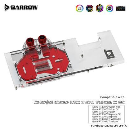 Barrow 3070 3060Ti GPU Water Block for Colorful RTX 3070 3060ti Vulcan, Full Cover 5v ARGB GPU Cooler, BS-COI3070-PA