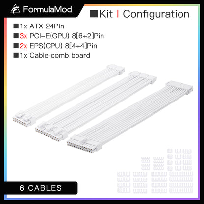 FormulaMod Special Configuration Advanced PSU Extension Cable Kit, Hot Sale All White Kit, Sleeved PSU Cable Combo, 300mm High Compatibility With Combs, ATX 24Pin / PCI-E GPU 8Pin / EPS CPU 8Pin, Fm-NCK1-I