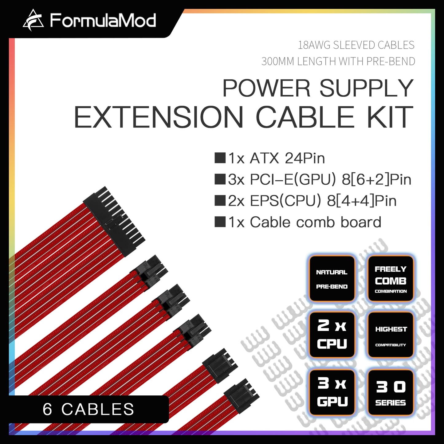 FormulaMod Advanced PSU Extension Cable Kit, Sleeved PSU Cable Combo, 300mm High Compatibility With Combs, ATX 24Pin / PCI-E GPU 8Pin / EPS CPU 8Pin, Fm-NCK1-I