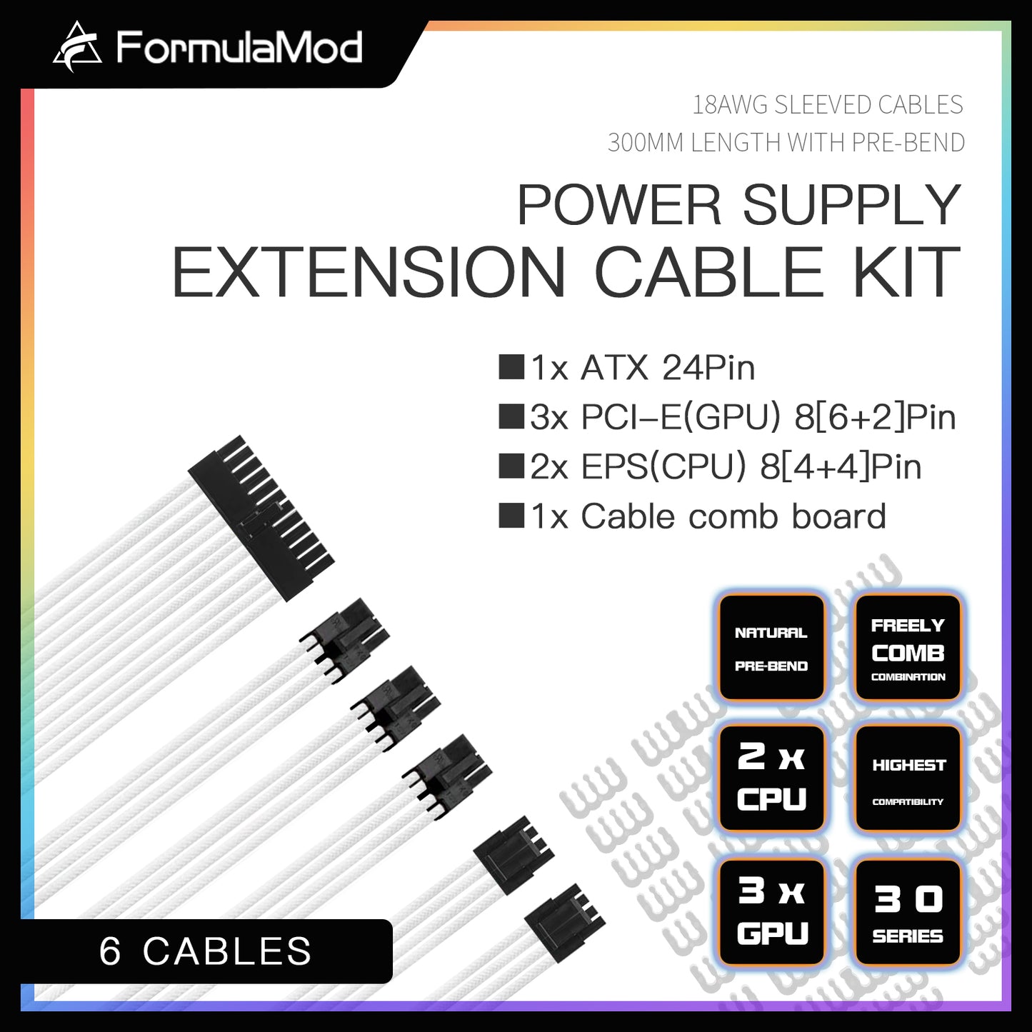 FormulaMod Advanced PSU Extension Cable Kit, Sleeved PSU Cable Combo, 300mm High Compatibility With Combs, ATX 24Pin / PCI-E GPU 8Pin / EPS CPU 8Pin, Fm-NCK1-I