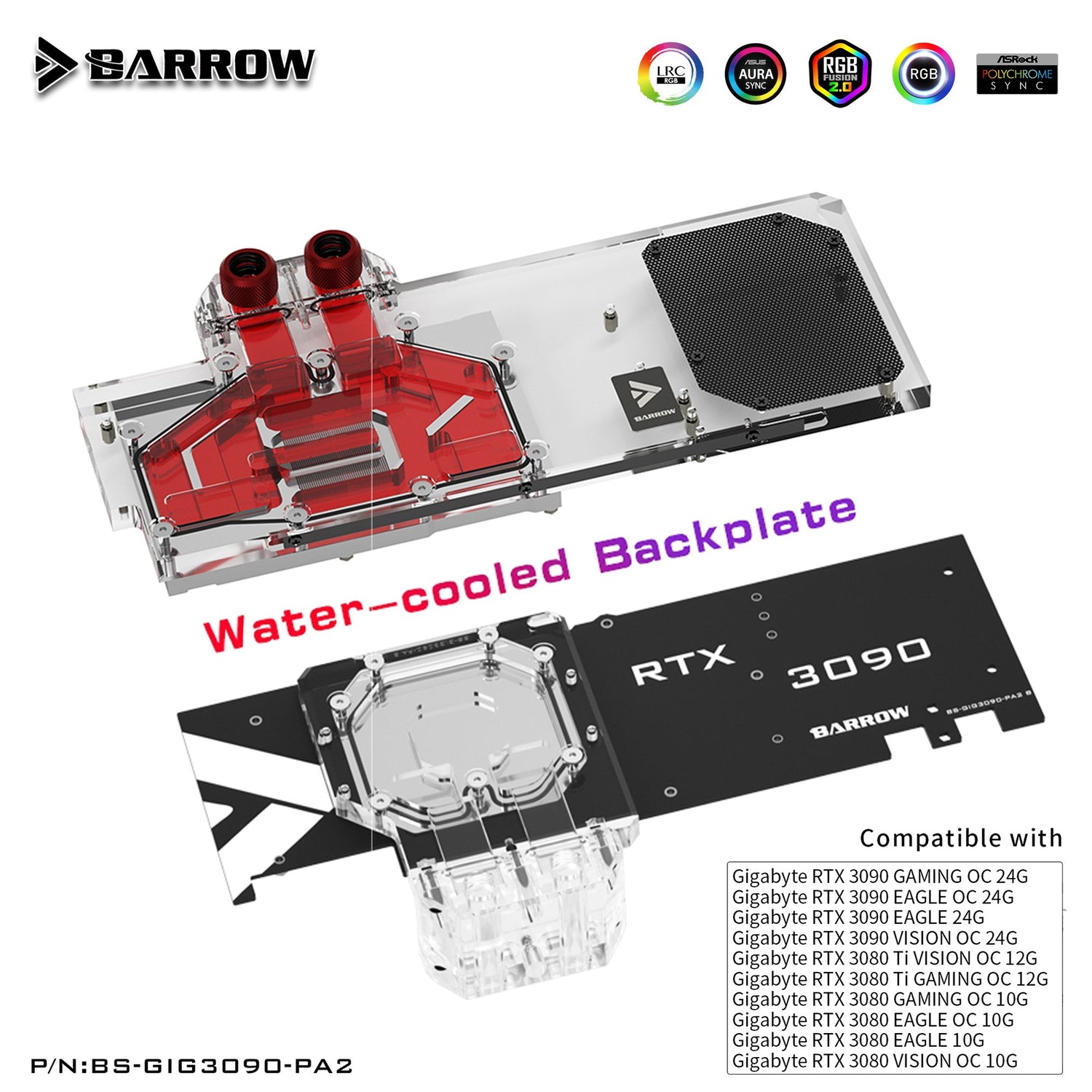 Barrow GPU Water Block Cooling Backplane For GIGABYTE 3090 3080Ti 3080 GAMING EAGLE VISION, Waterway | Water Cooling Block