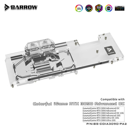Bloc d'eau GPU Barrow 3090 3080 pour RTX 3090/3080 Advanced OC coloré, refroidisseur GPU ARGB à couverture complète, BS-COIA3090-PA2