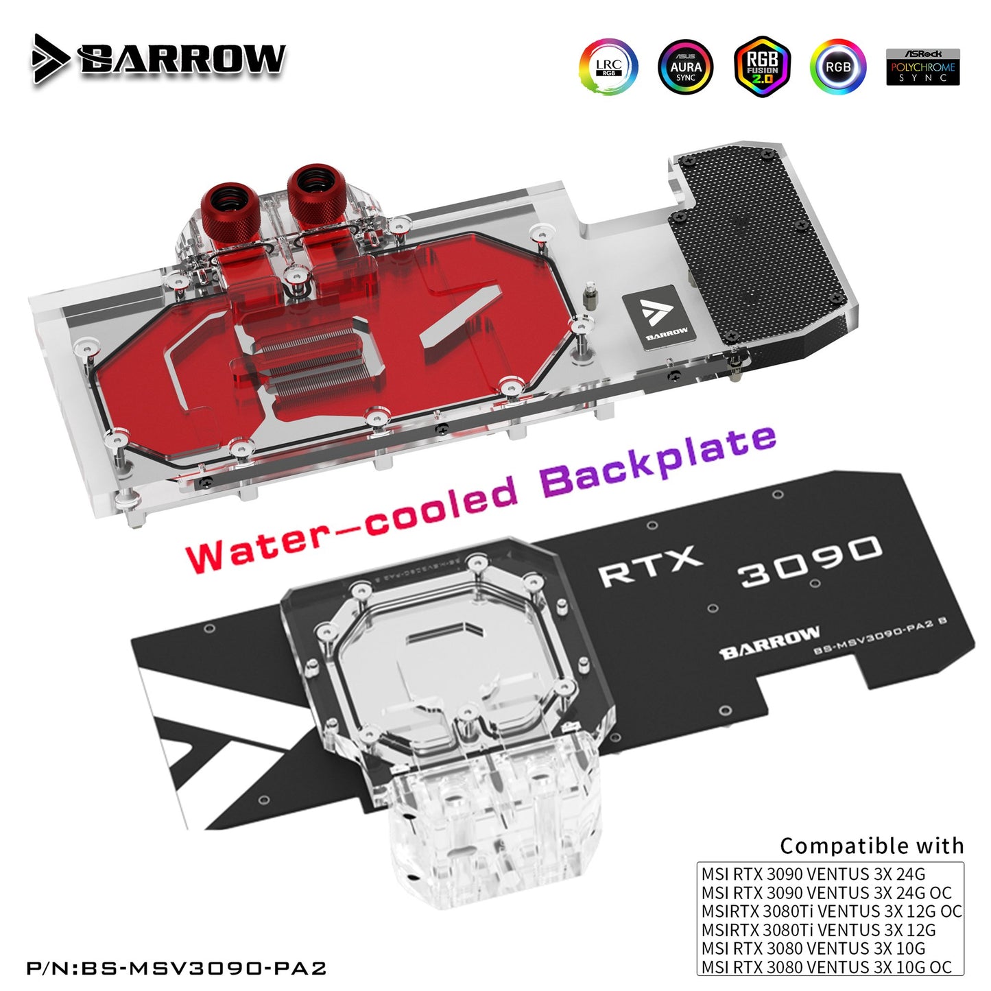 Bloc de fond de panier de bloc d'eau GPU Barrow pour MSI RTX3090 3080Ti 3080 VENTUS 3X OC, refroidisseur de plaque arrière actif, BS-MSV3090-PA2 B 