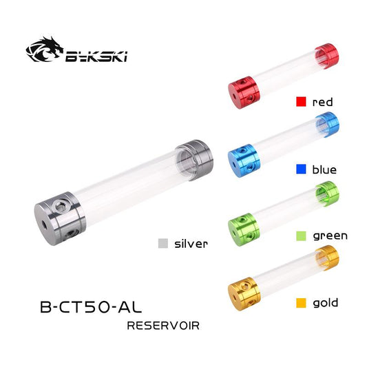 Bykski B-CT50-AL, 50mm Cylinder Reservoirs, Aluminum Alloy Cover Acrylic Body, 50mm Diameter | PC Water Cooling Accessory