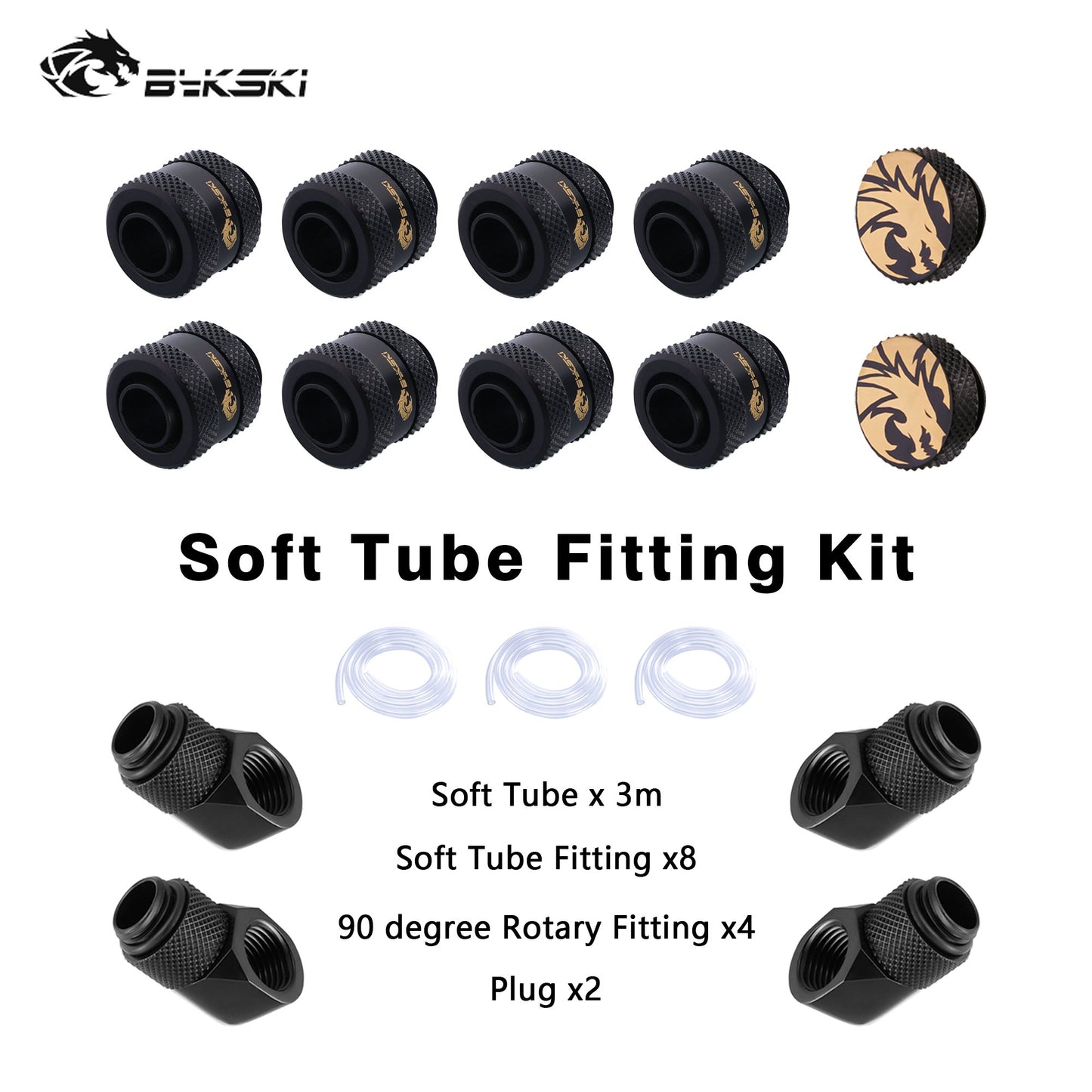 Bykski soft Tube Hose Fitting Kit Set, OD 10*13,10*16MM, 90 degree, Plug, For Computer Water Cooling system, BY-STK