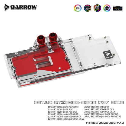 Barrow BS-ZOZ2080-PA2, Full Cover Graphics Card Water Cooling Blocks,For Zotac RTX2080/2070 8GD6 PGF OC12/OC8/OC14