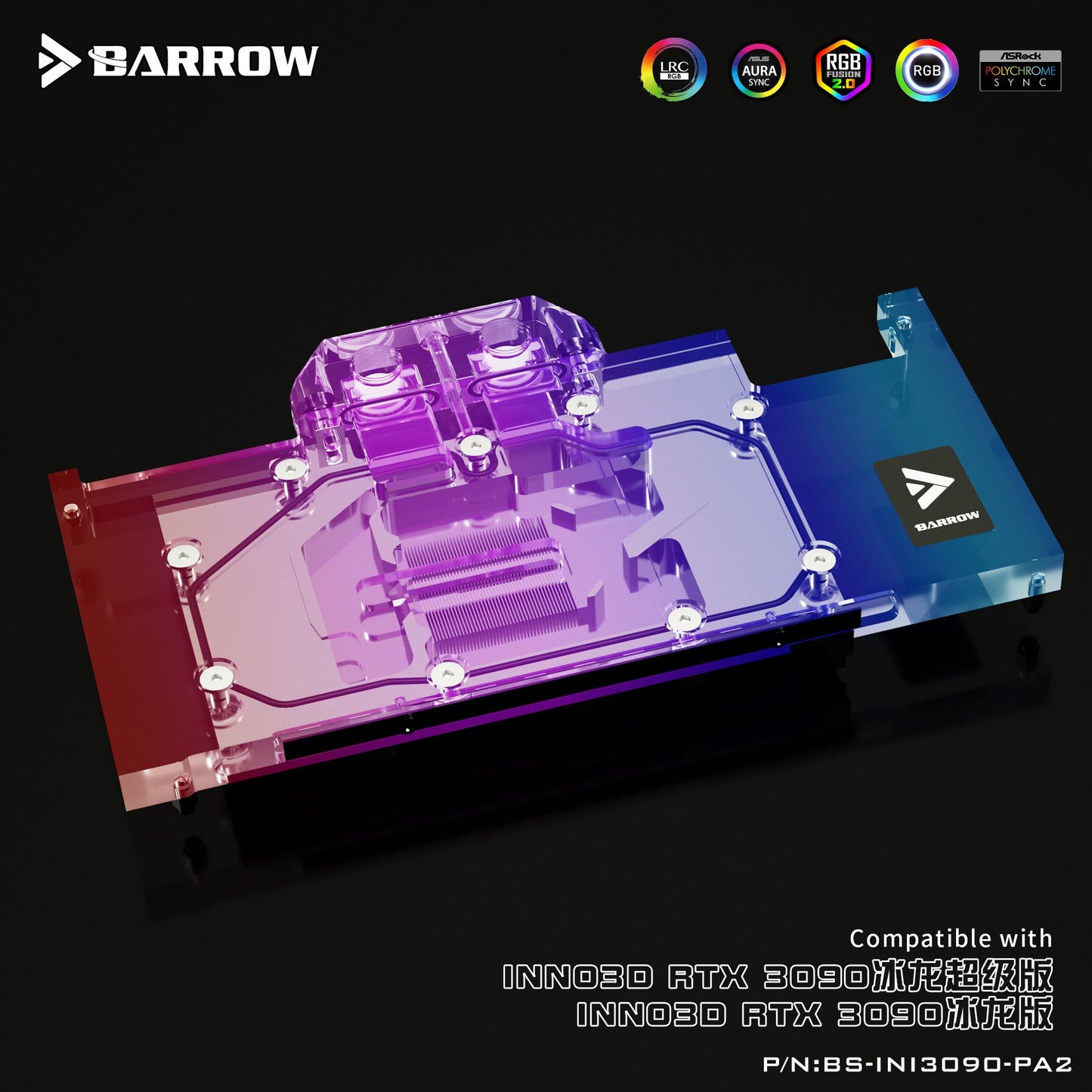 Barrow RTX 3090 GPU Water Block for Inno3D RTX 3090 ICHILL, Full Cover 5v ARGB GPU Cooler, BS-INI3090-PA2