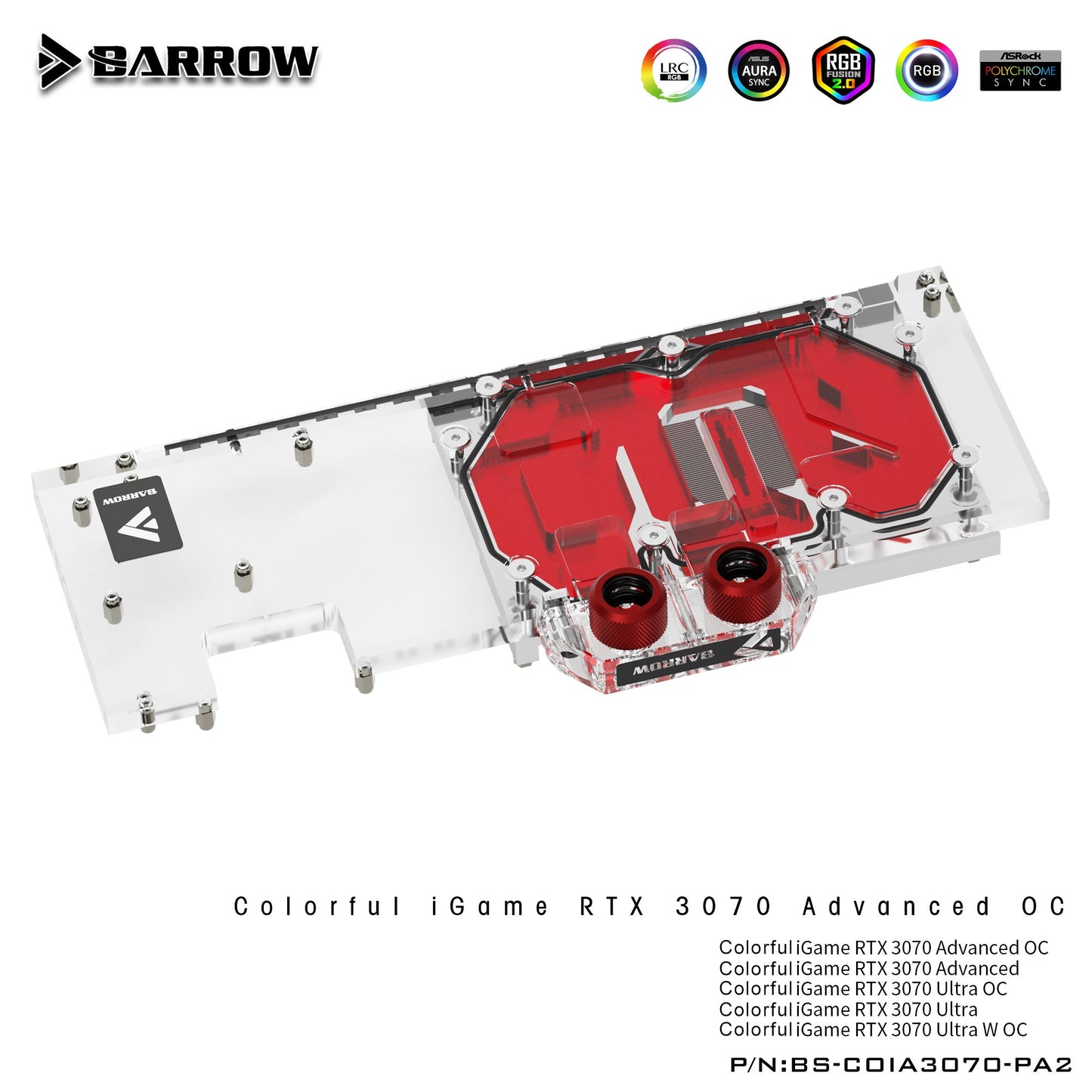 Barrow 3070 GPU Water Block for Colorful RTX 3070 Advanced OC, Full Cover ARGB GPU Cooler, BS-COIA3070-PA2