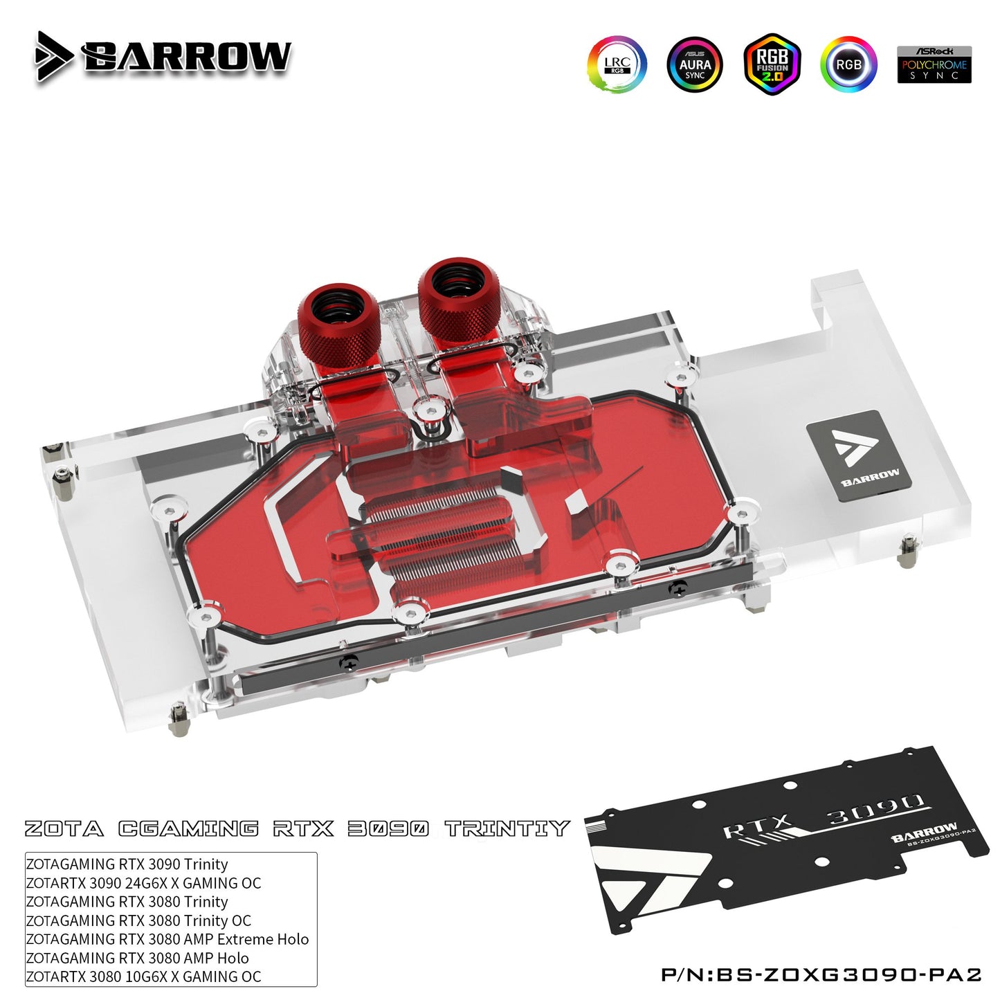Barrow 3090 3080 GPU Water Block for ZOTAC RTX 3090 3080 X GAMING, Full Cover ARGB GPU Cooler, BS-ZOXG3090-PA2