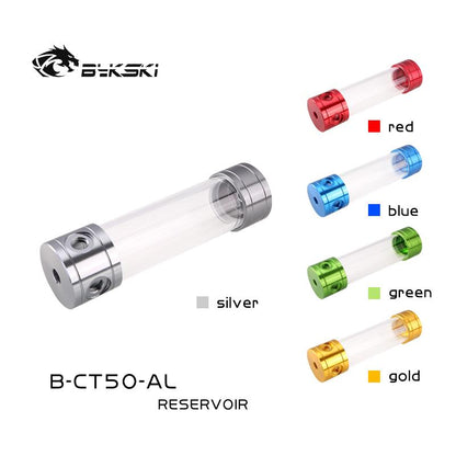 Bykski B-CT50-AL, 50mm Cylinder Reservoirs, Aluminum Alloy Cover Acrylic Body, 50mm Diameter 150/200/260mm Length