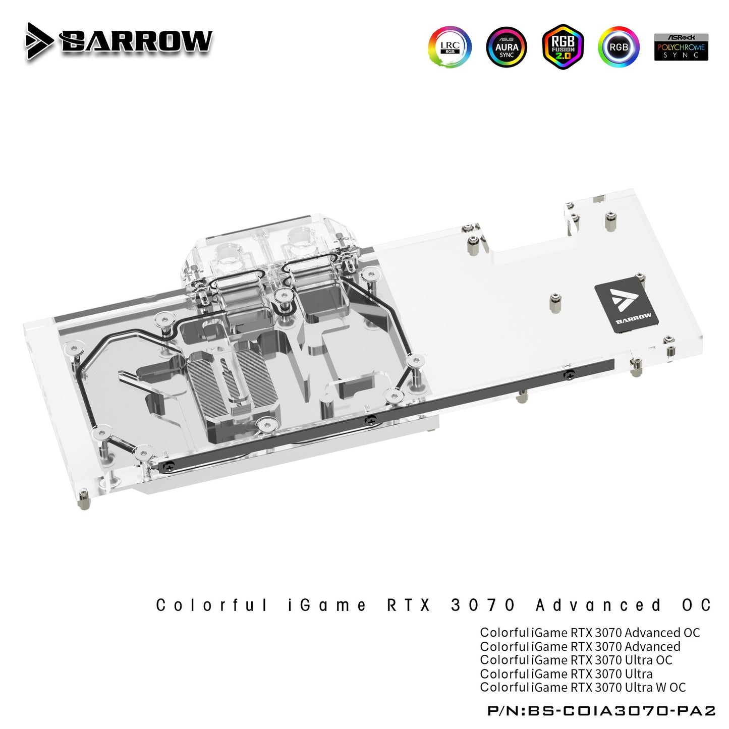 Barrow 3070 GPU Water Block for Colorful RTX 3070 Advanced OC, Full Cover ARGB GPU Cooler, BS-COIA3070-PA2