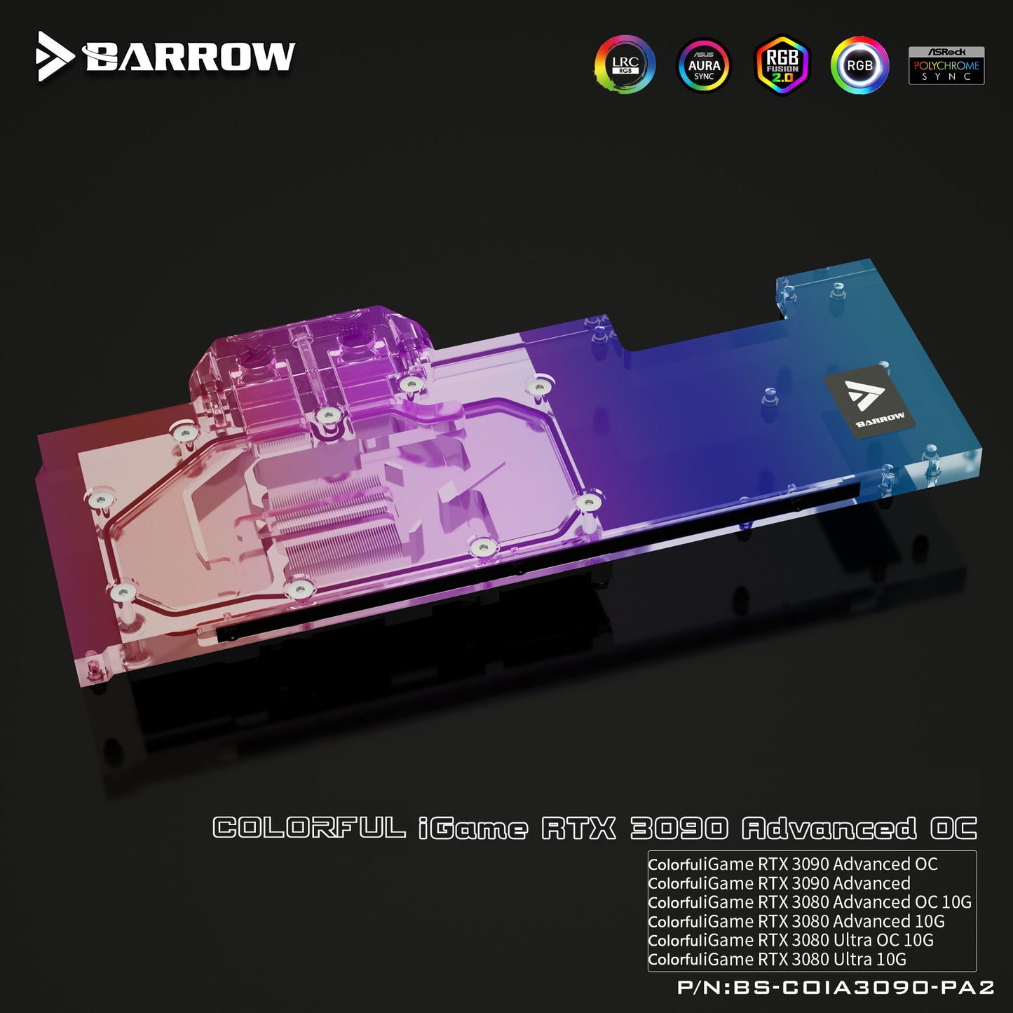 Bloc d'eau GPU Barrow 3090 3080 pour RTX 3090/3080 Advanced OC coloré, refroidisseur GPU ARGB à couverture complète, BS-COIA3090-PA2